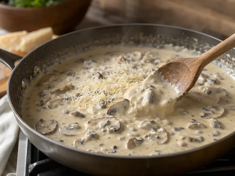 Heavy cream simmering with mushrooms and Parmesan cheese being stirred into a silky sauce