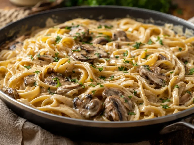Finished creamy mushroom pasta in a skillet with silky sauce coating every strand of pasta