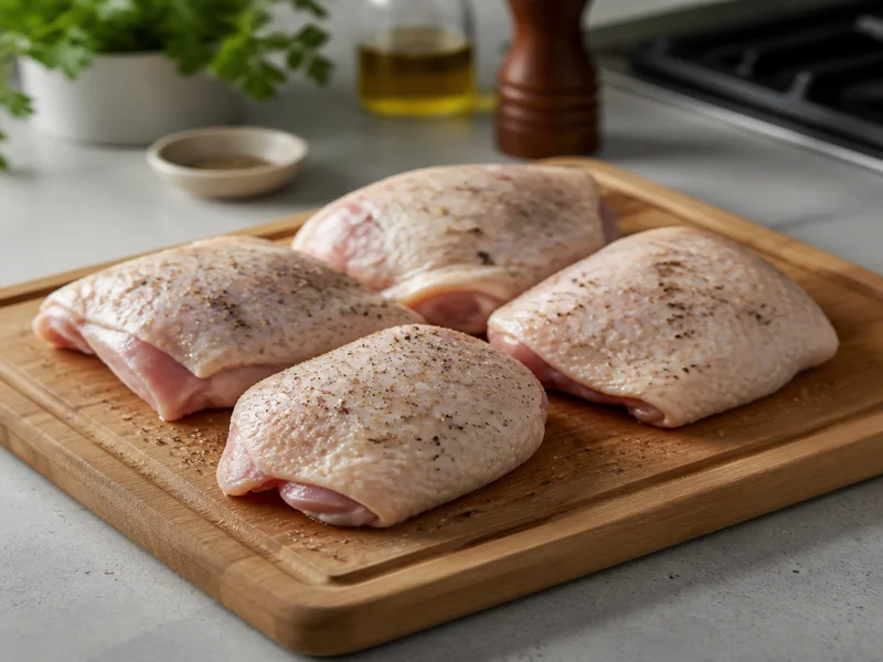 Seasoning raw chicken thighs with salt and pepper on a cutting board