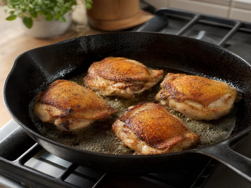 Chicken thighs searing skin-side down in butter in cast iron skillet