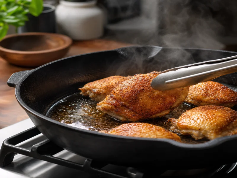 Flipping golden crispy chicken thighs in cast iron skillet