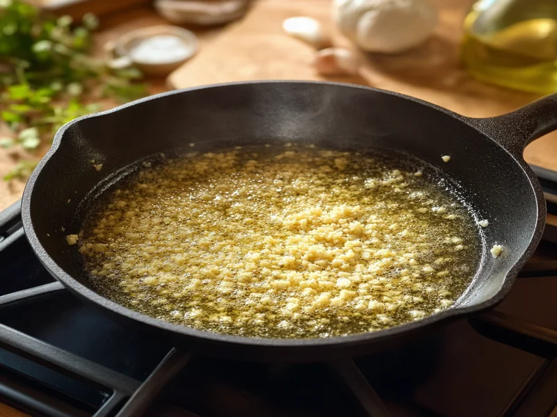 Garlic sizzling in butter in the same cast iron skillet