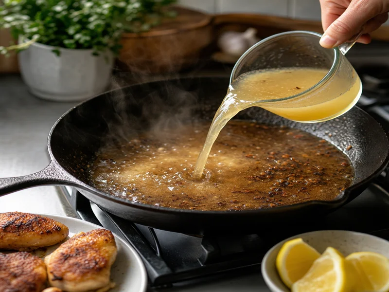 Deglazing pan with chicken broth and lemon juice for garlic butter sauce