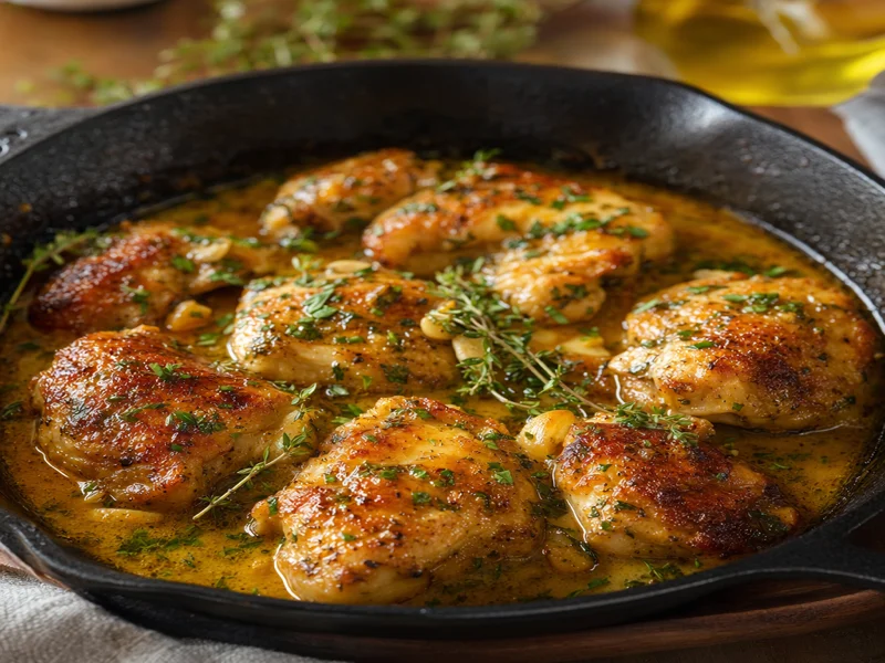 Finished garlic butter chicken with thyme and parsley in cast iron skillet