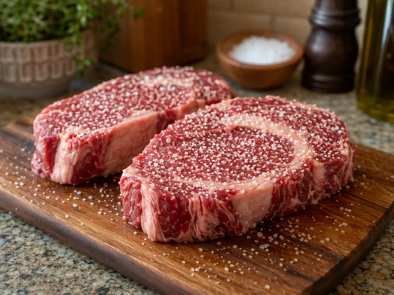 Raw ribeye steaks seasoned with coarse salt resting on cutting board