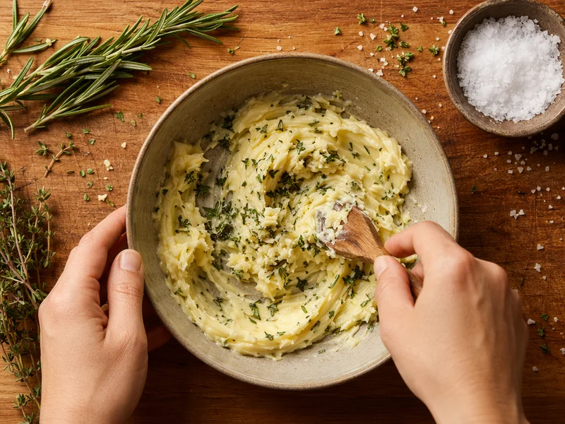 Mixing herb garlic butter with fresh rosemary and thyme on cutting board