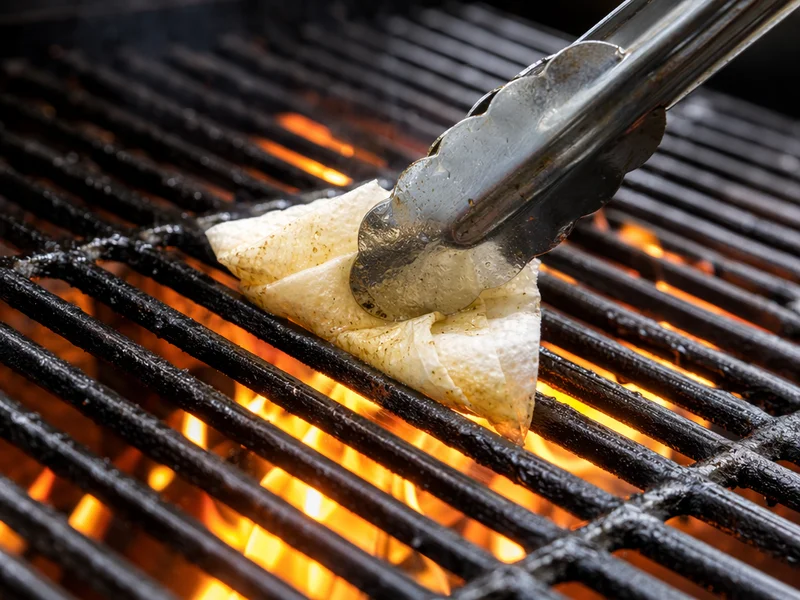 Oiling hot grill grates with paper towel and tongs