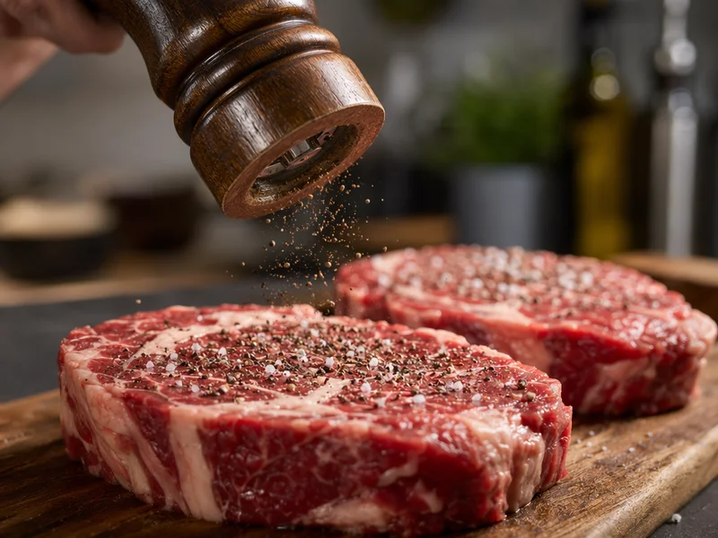 Cracking fresh black pepper onto ribeye steaks before grilling