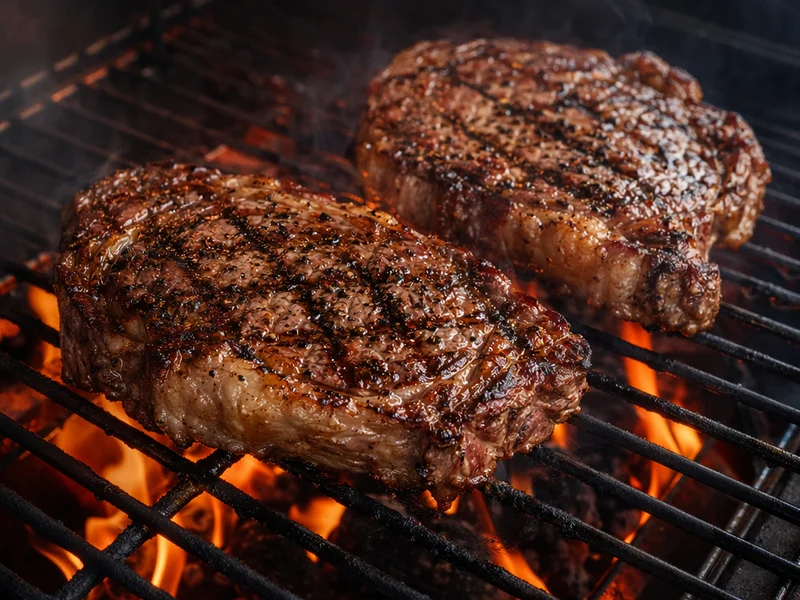 Ribeye steaks searing on a hot grill with flame marks