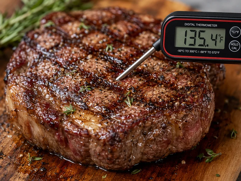 Meat thermometer reading temperature of grilled ribeye steak