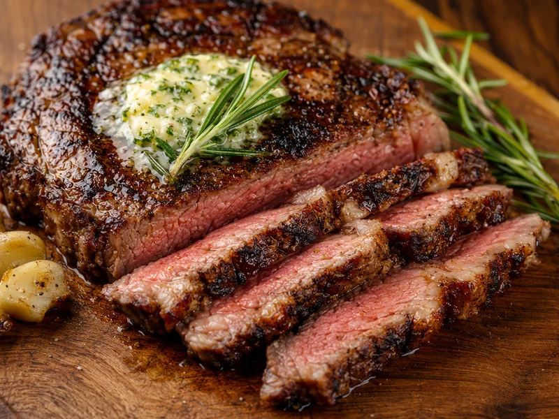 Grilled ribeye steak topped with melting herb garlic butter resting on cutting board