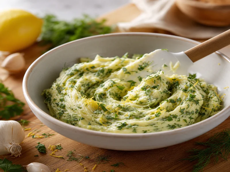 Mixing softened butter with garlic herbs and lemon zest in a small bowl