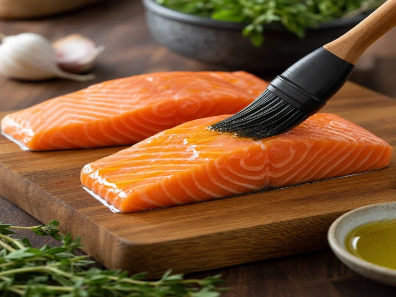 Brushing raw salmon fillets with olive oil and seasoning on cutting board