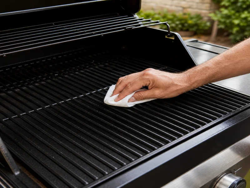 Oiling grill grates with paper towel and tongs before grilling salmon