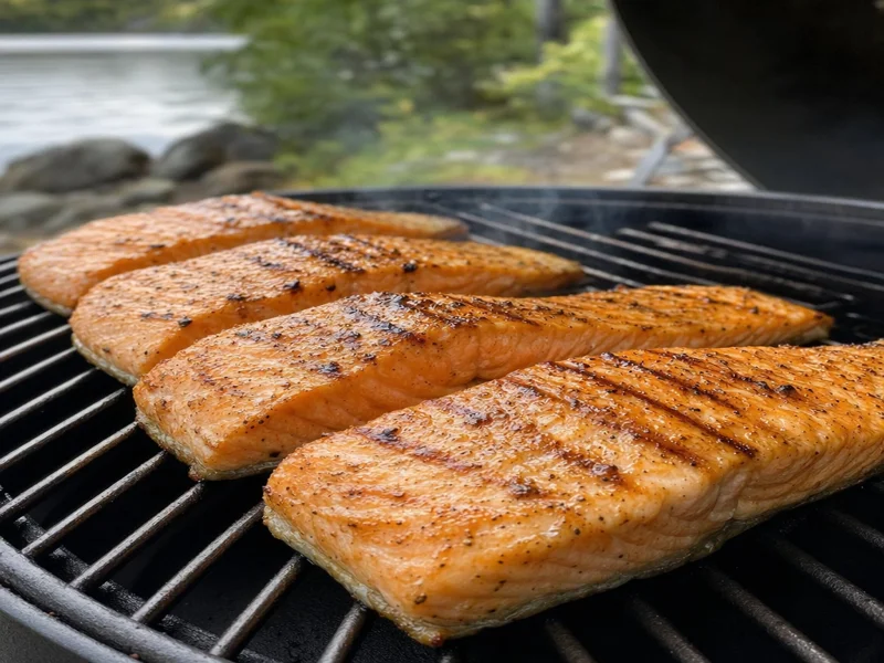 Salmon fillets grilling skin-side down on outdoor grill with grill marks