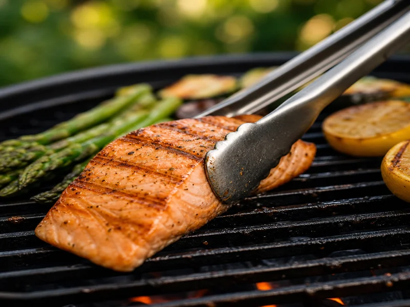 Flipping grilled salmon fillet showing golden grill marks on outdoor grill