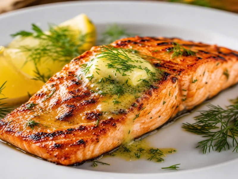 Finished grilled salmon topped with melting lemon herb butter and fresh dill