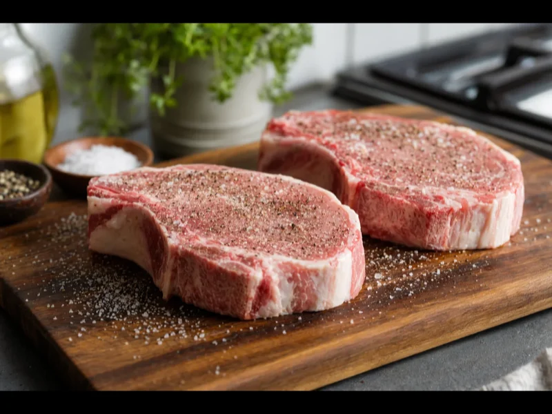 Seasoning thick bone-in pork chops with salt and pepper on a cutting board