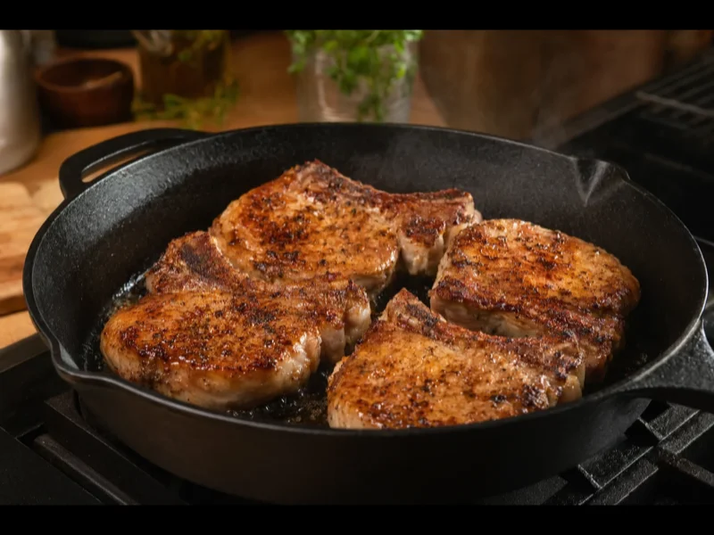 Searing pork chops in a cast iron skillet until golden brown on both sides