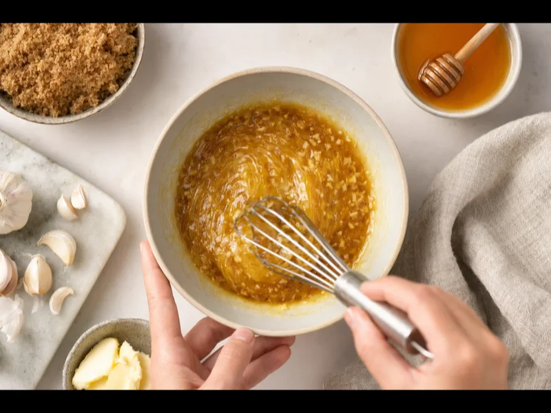 Mixing honey glaze with brown sugar, butter, garlic, and Dijon mustard in a bowl