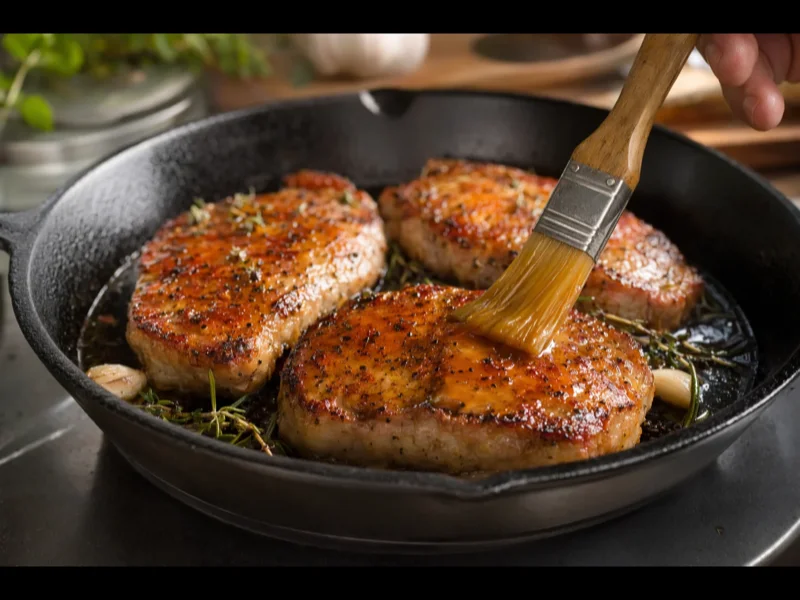 Brushing honey glaze over seared pork chops in a cast iron skillet