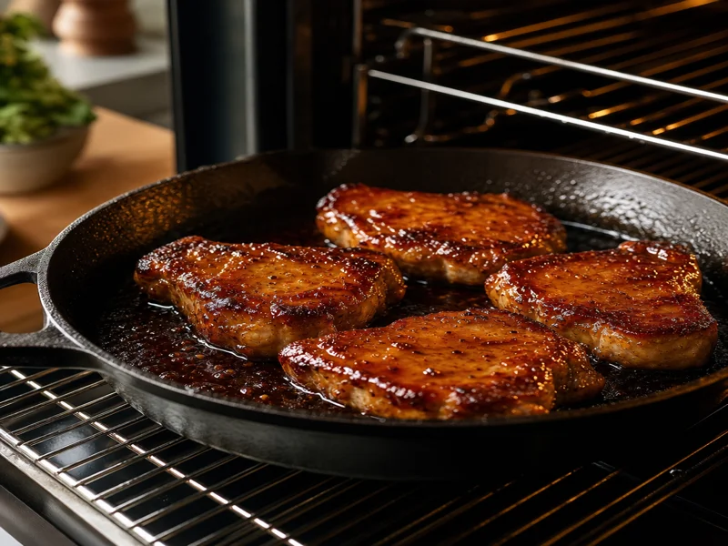 Caramelized honey glazed pork chops baking in the oven in a cast iron skillet