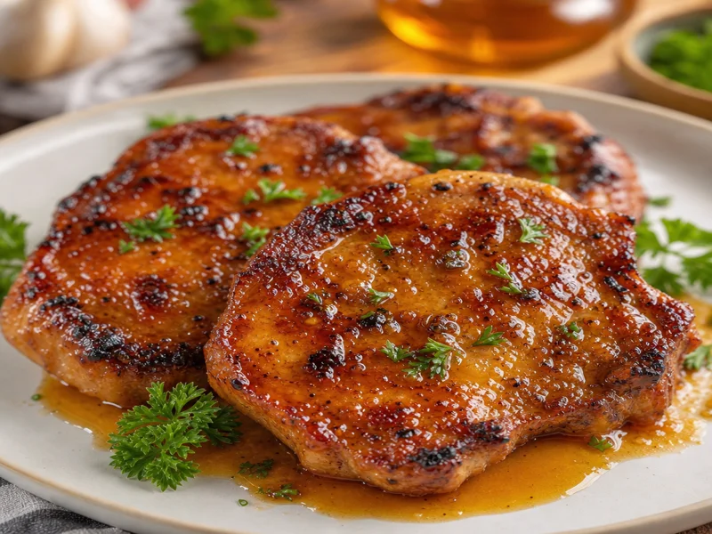 Finished honey glazed pork chops with caramelized glaze plated with fresh parsley