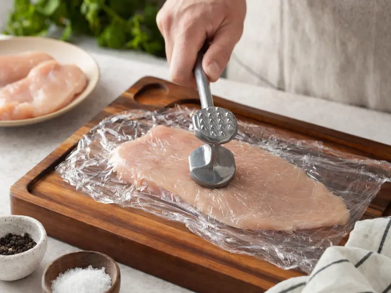 Pounding chicken breasts to even thickness between plastic wrap on cutting board