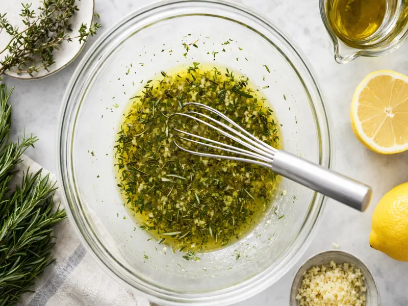 Mixing lemon herb marinade ingredients in a glass bowl with fresh herbs and garlic