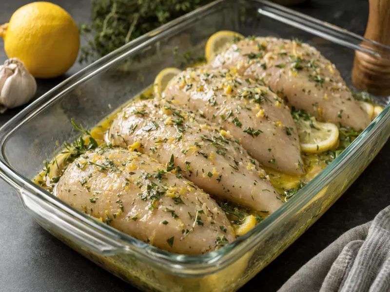 Chicken breasts coated in lemon herb marinade in a glass baking dish