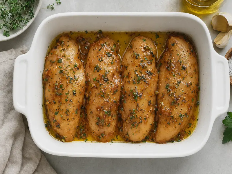 Marinated chicken breasts arranged in an oiled baking dish ready for oven
