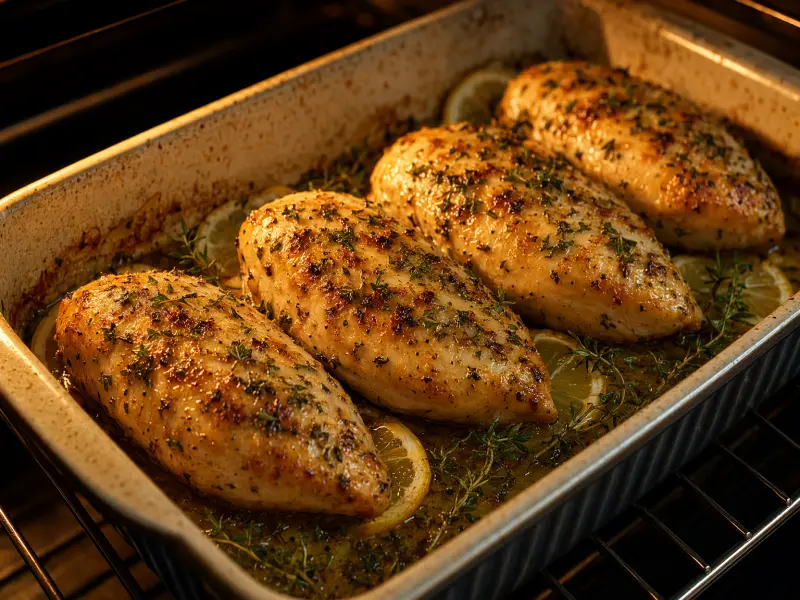 Golden baked lemon herb chicken breast in oven dish with herb bits visible
