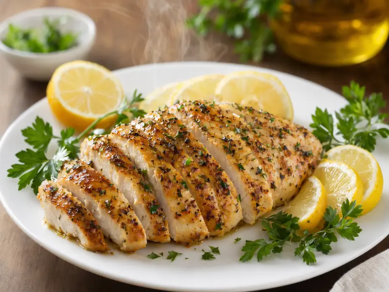Sliced lemon herb chicken breast plated with fresh parsley and lemon garnish