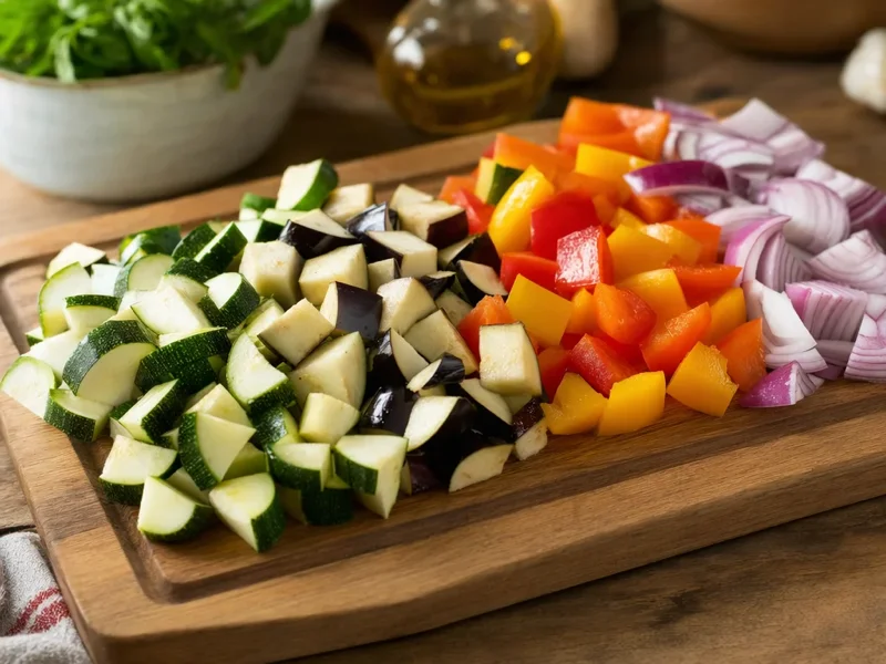 Chopped zucchini, eggplant, bell peppers, and red onion ready for roasting on a cutting board