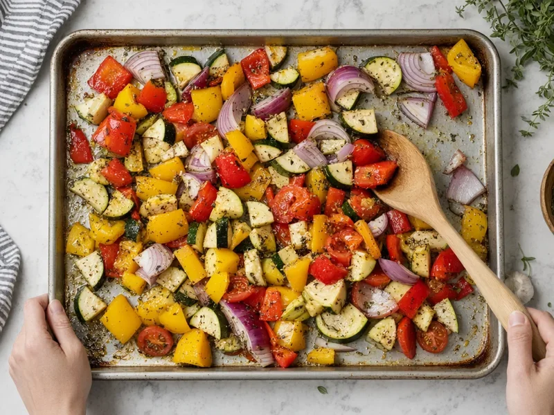 Chopped vegetables being tossed with olive oil and Mediterranean herbs on a sheet pan