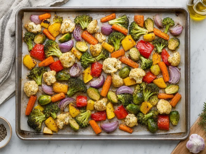 Seasoned vegetables spread in a single layer on a parchment-lined baking sheet