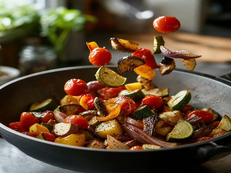 Roasted vegetables with golden caramelized edges being tossed with cherry tomatoes on the sheet pan