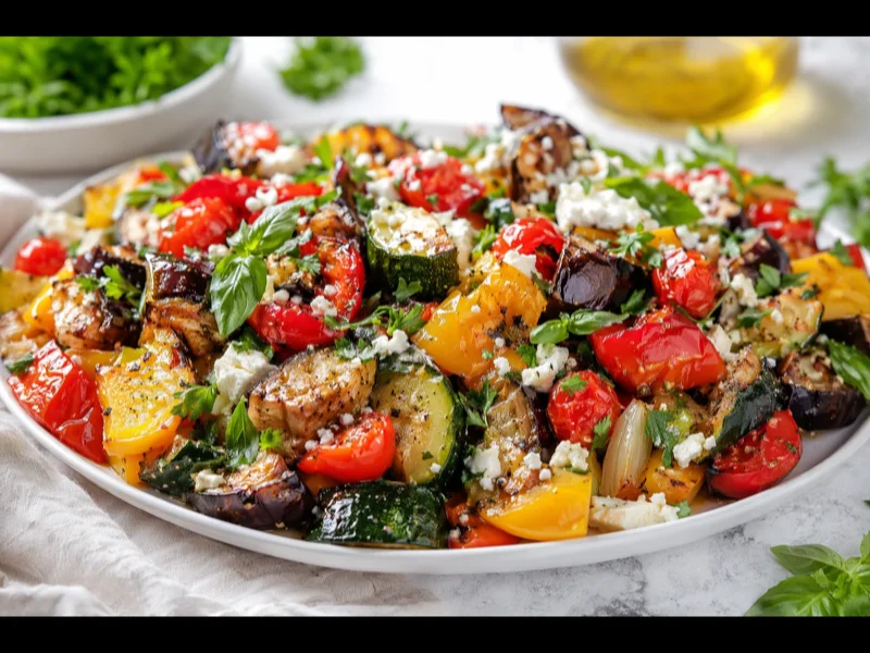 Finished Mediterranean roasted vegetables garnished with fresh herbs and feta cheese on a platter