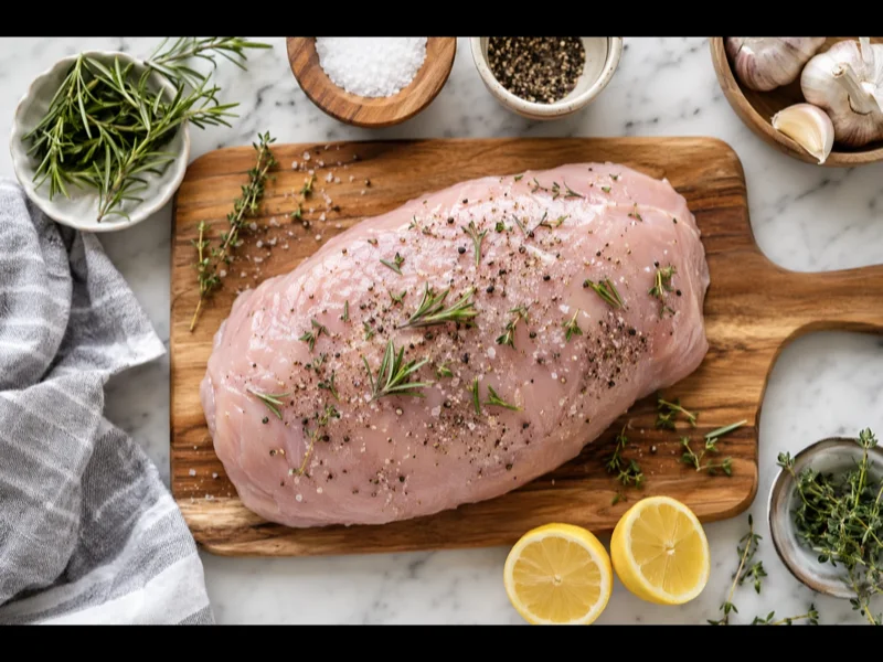 Raw bone-in turkey breast patted dry on a cutting board at room temperature