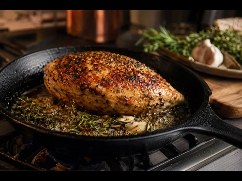 Mixing herb butter with fresh rosemary, thyme, sage, and garlic in a bowl
