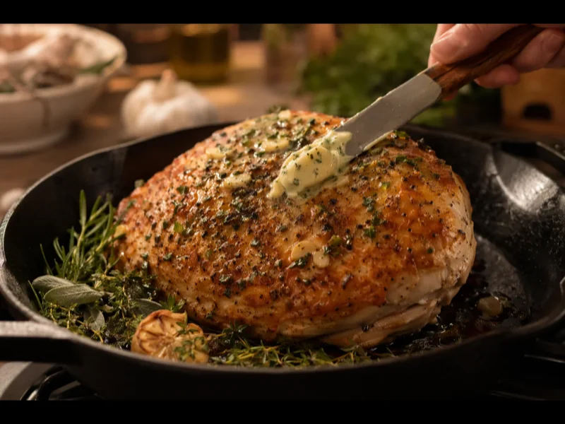 Seasoned turkey breast with herb butter placed on a roasting rack in a pan