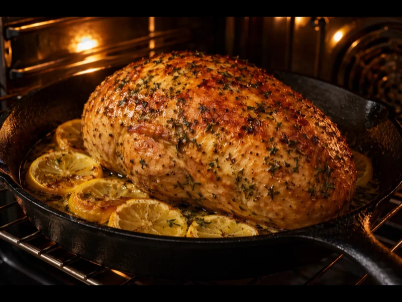 Golden brown turkey breast roasting in the oven with crispy herb butter skin