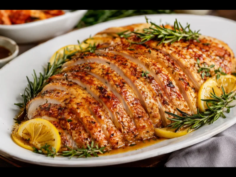 Sliced roasted turkey breast plated with herbs and golden crispy skin