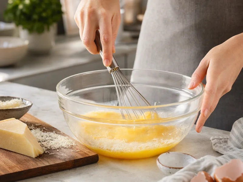 Whisking eggs with salt and Parmesan in a large mixing bowl