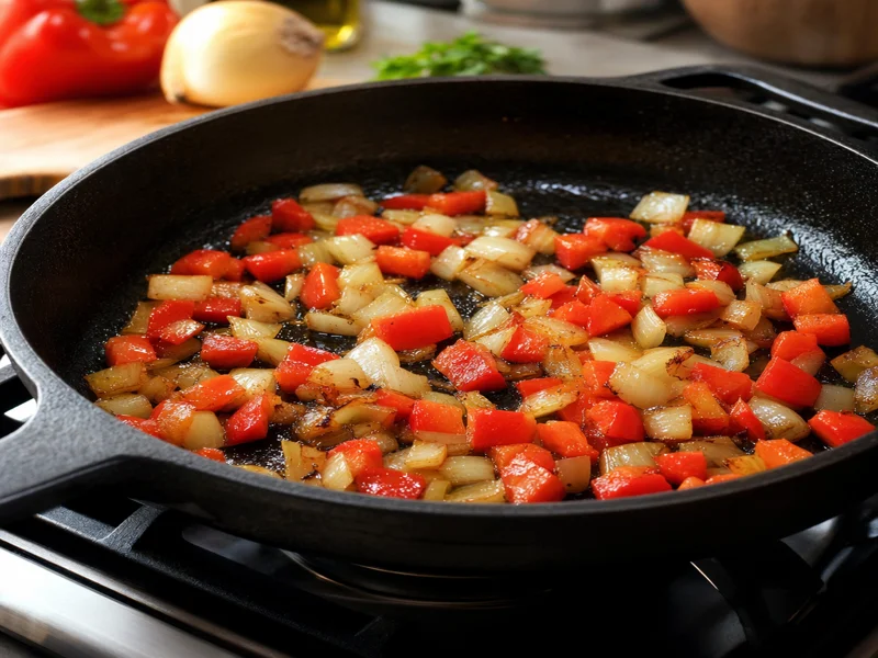 Sautéing diced onion and red bell pepper in olive oil in cast iron skillet