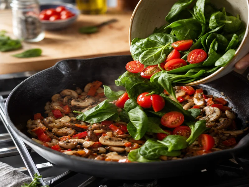 Adding zucchini garlic and spinach to vegetables in skillet