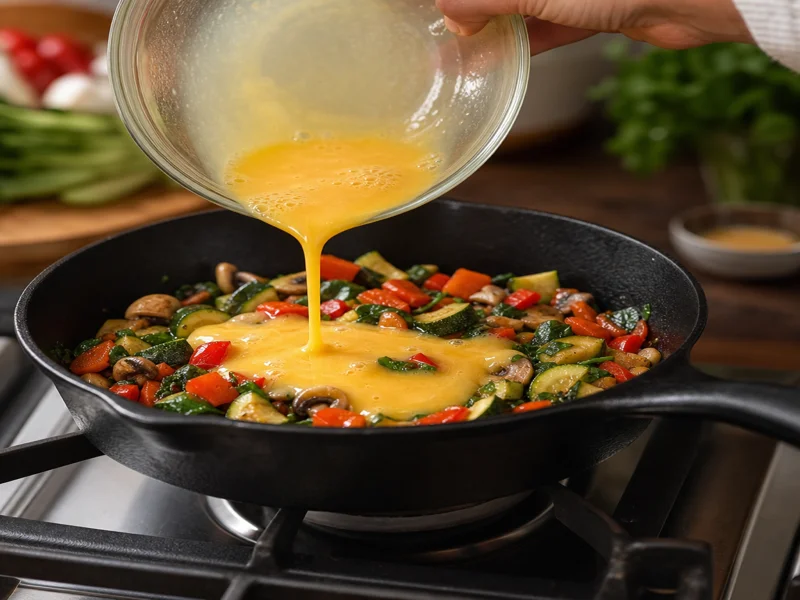 Pouring whisked eggs over sautéed vegetables in cast iron skillet