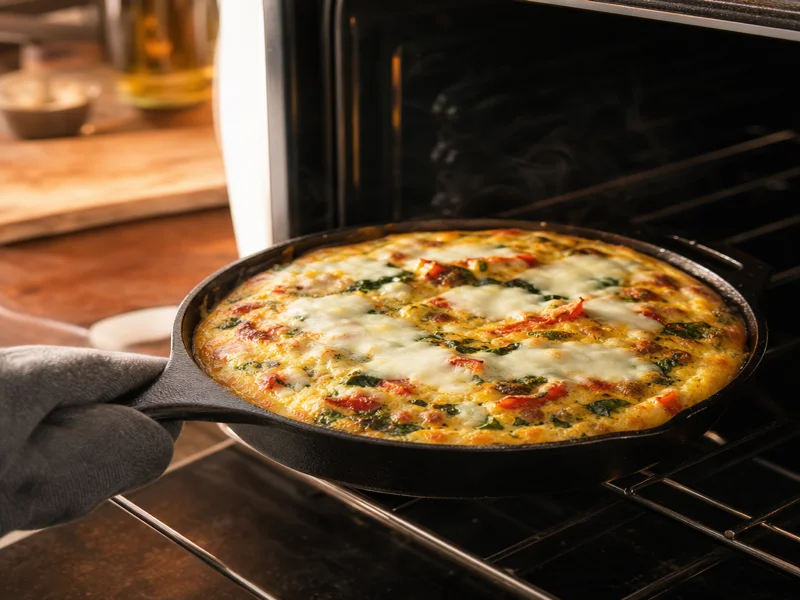 Vegetable frittata with cheese on top going into oven