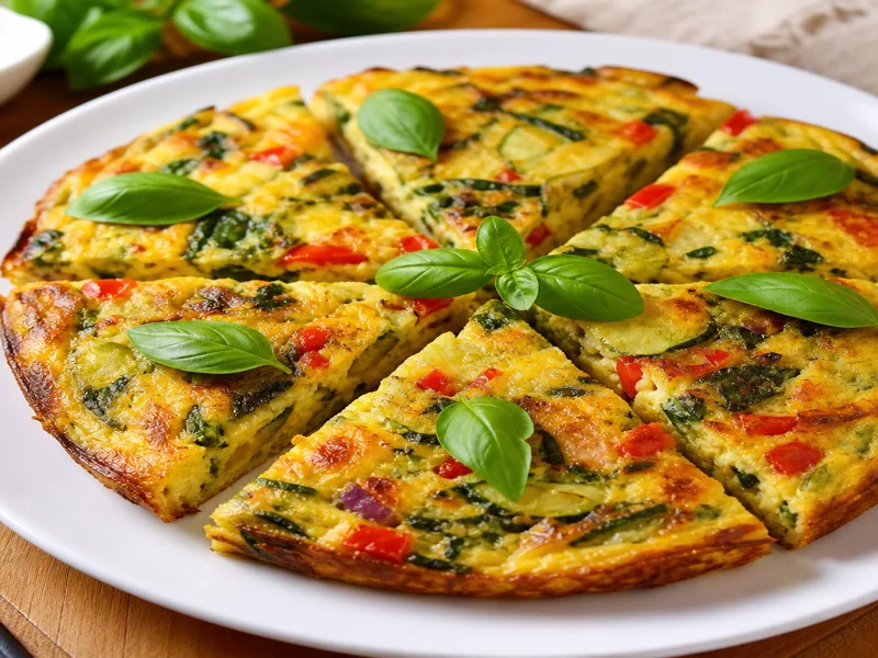 Finished vegetable frittata garnished with fresh basil sliced into wedges